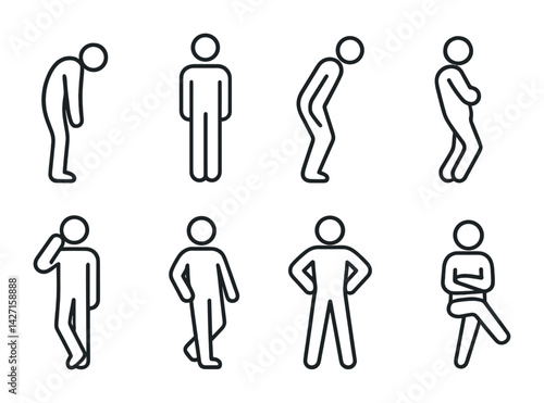 Body language outline icon set – flat style nonverbal communication symbols for human postures and gestures: standing, leaning, crossing arms, thoughtful, hands on hips