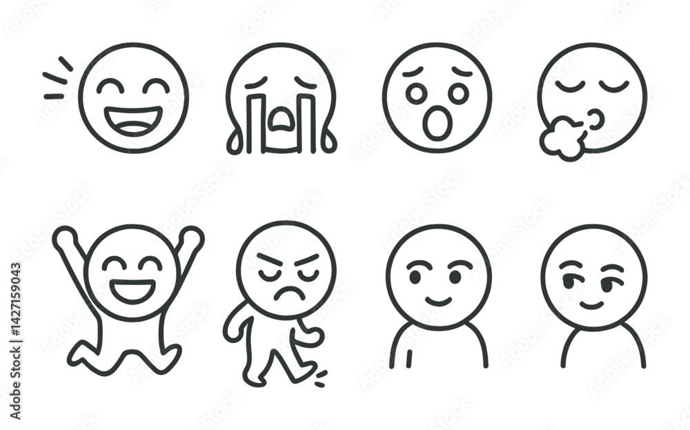 Emoji and emoticon icon set – outline style expressions and reactions for messaging and communication: smile, cry, surprised, sleepy, excited, angry, calm, mischievous Emoji and emoticon icon set – outline style expressions and reactions for messaging and communication: smile, cry, surprised, sleepy, excited, angry, calm, mischievous