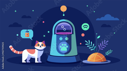 A futuristic pet feeder with AI technology that analyzes your pets specific nutritional needs and dispenses a perfectly balanced meal every time.. Vector illustration