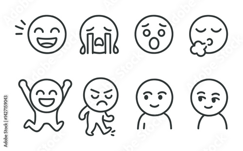 Emoji and emoticon icon set – outline style expressions and reactions for messaging and communication: smile, cry, surprised, sleepy, excited, angry, calm, mischievous