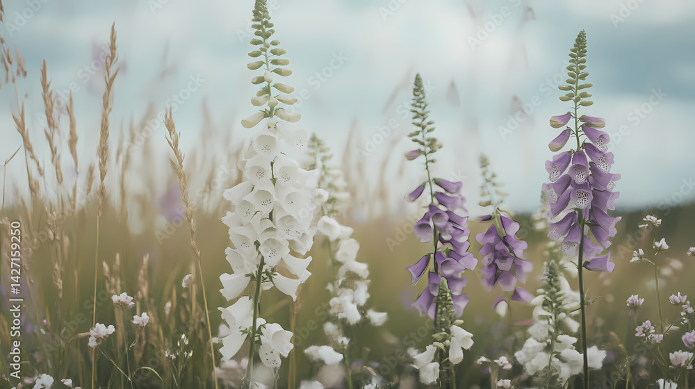 White foxglove flowers in a field of tall grasses and wildflowers, purple, white. Digitized Bloom. Illustration White foxglove flowers in a field of tall grasses and wildflowers, purple, white. Digitized Bloom. Illustration