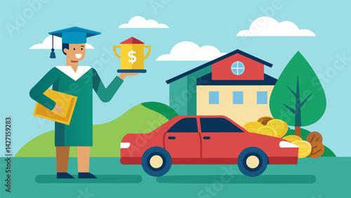 A recent graduate chooses to forego buying a new car in order to put more money towards their student loan payments and save for a down payment on a. Vector illustration