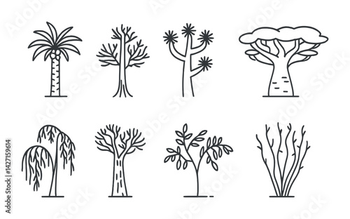 Tree icon set – outline style collection for nature and botany enthusiasts: palm, willow, cypress, bonsai, baobab, oak, pine, birch