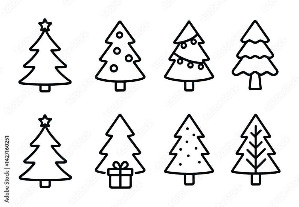 Christmas tree icon set – outline style holiday and festive symbols for seasonal decoration, winter celebrations, xmas design: pine, ornament, garland, star, gift, lights, evergreen, snow Christmas tree icon set – outline style holiday and festive symbols for seasonal decoration, winter celebrations, xmas design: pine, ornament, garland, star, gift, lights, evergreen, snow