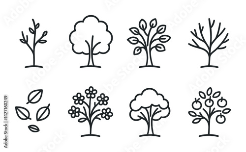 Nature and environment icon set – outline style for ecological awareness, conservation, and sustainability: tree, bush, leaves, flowering plant, fruit tree, sapling, bald tree