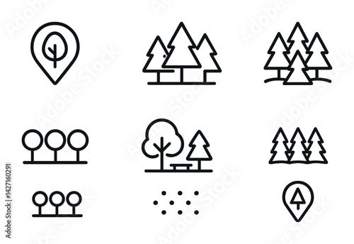 Forest and nature icon set – outline style environmental and botanical symbols for ecology, conservation, wildlife: tree, forest, park, woodland, nature trail, greenery