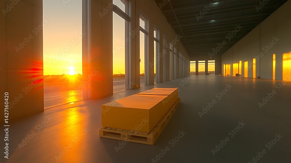 Sunrise Illuminates Empty Warehouse Interior with Cardboard Boxes on Pallet
