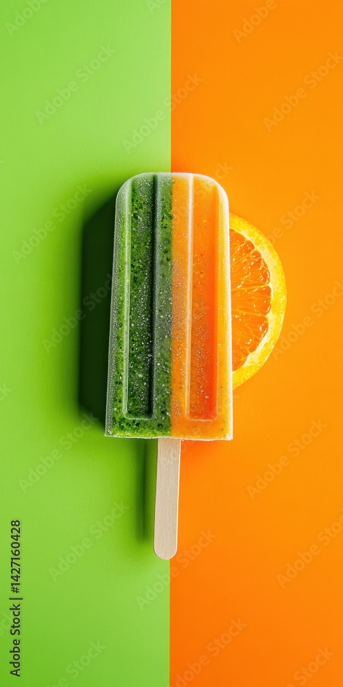 Colorful Vegetable Ice Cream Popsicle with Fresh Vegetables Carrots, Orange and Green Spinach for Creative Vegan Healhty Summer Food