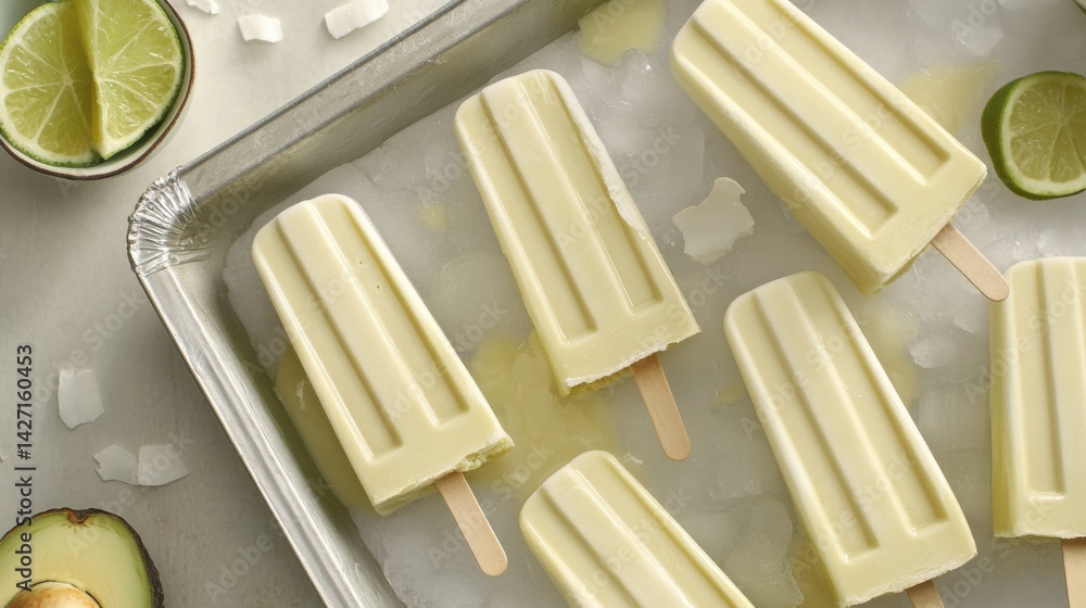 Green avocado and lime popsicles rest on a metal tray filled with ice and coconut flakes. Surrounding them are fresh lime slices, avocado halves, and coconut shavings