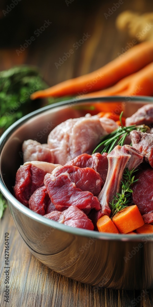 Raw food for pets, dogs. Assortment of raw meat cuts in a metal bowl, surrounded by fresh vegetables