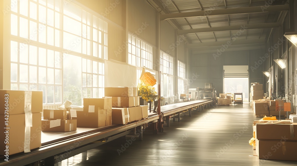 Sunlit Warehouse Interior with Cardboard Boxes on Conveyor Belt System