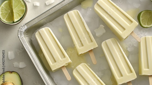 Obraz na płótnie Green avocado and lime popsicles rest on a metal tray filled with ice and coconut flakes. Surrounding them are fresh lime slices, avocado halves, and coconut shavings w salonie
