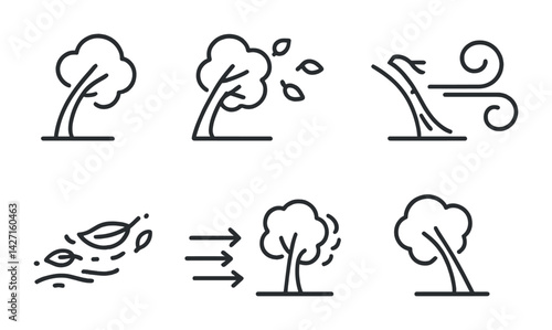 Weather and nature icon set – outline style environmental and climate symbols for forecasting, ecology, and conservation: windy tree, falling leaves, storm, breeze, gale, wind