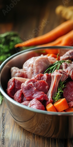 Obraz na płótnie Raw food for pets, dogs. Assortment of raw meat cuts in a metal bowl, surrounded by fresh vegetables w salonie
