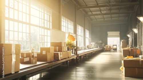 Obraz na płótnie Sunlit Warehouse Interior with Cardboard Boxes on Conveyor Belt System w salonie