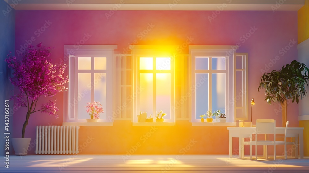 Sunlit Room Interior with Pastel Walls Flowering Plants and White Window Frames