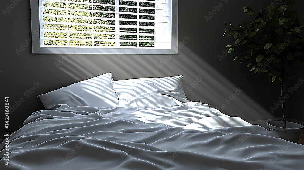 Sunlit Bedroom Scene White Bedding Window Plant Slats Soft Light Serene Atmosphere Peaceful Morning Cozy Interior Natural Light