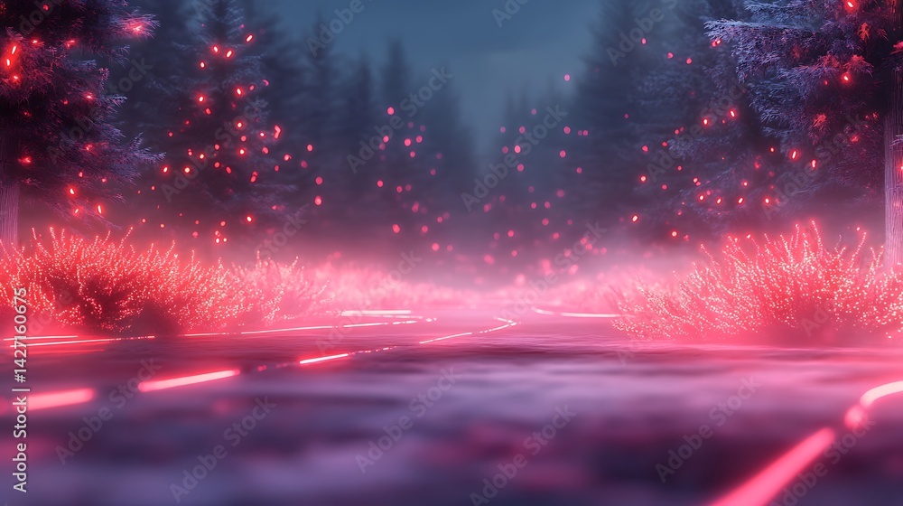 Enchanting Winter Night Scene Glowing Plants Snowy Path Illuminated Trees Pink and Blue Hues Foggy Atmosphere Digital Art
