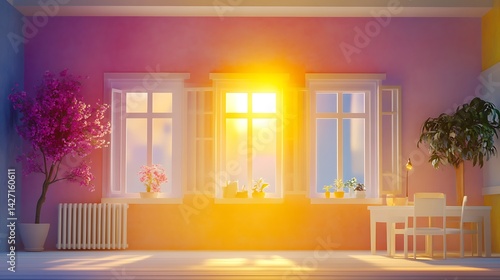 Obraz na płótnie Sunlit Room Interior with Pastel Walls Flowering Plants and White Window Frames w salonie