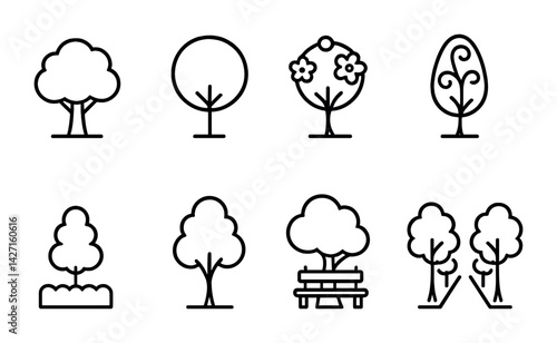Nature and environment icon set – outline style botanical and ecological icons for sustainability, greenery, and conservation: tree, shrub, garden bench, flowering plant, sapling, park tree, topiary