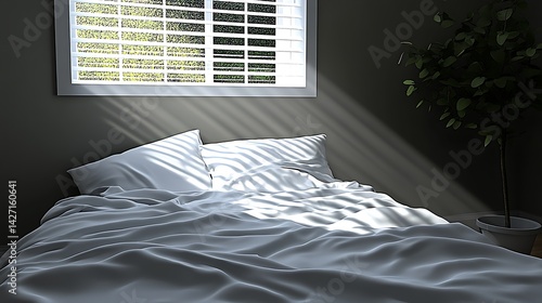 Obraz na płótnie Sunlit Bedroom Scene White Bedding Window Plant Slats Soft Light Serene Atmosphere Peaceful Morning Cozy Interior Natural Light w salonie