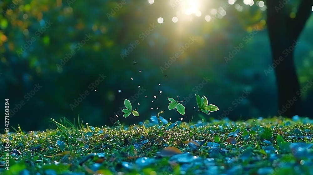 Sunlit Green Leaves Falling Gently Onto Mossy Ground in a Forest Setting