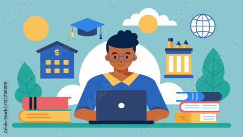A student sitting in front of a laptop calculating and comparing the costs of tuition housing and other expenses between a local college and a study. Vector illustration