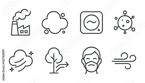 Air pollution and environment outline icons set – linear style ecological and health symbols for environment protection, smog, air quality: factory, cloud, sensor, virus, wind, tree, face mask