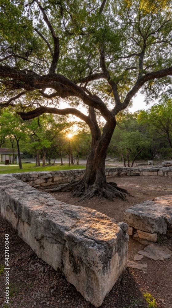 Fototapeta premium Ancient stone structure, sunlit tree