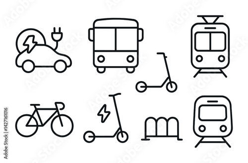 Urban transport icon set – outline style commuting and mobility graphics: electric car, bus, train, bicycle, scooter, tram, bike rack