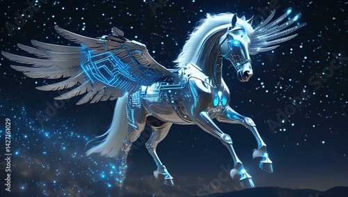 A majestic silver-plated cybernetic horse rises into the night sky