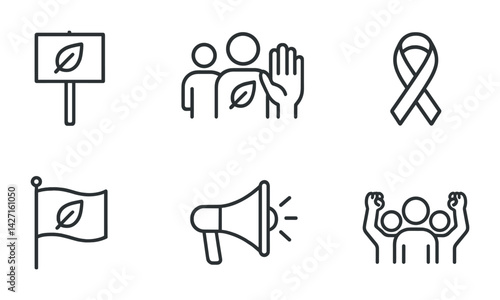 Environmental conservation icon set – outline style eco-friendly symbols for sustainable living, activism, and awareness: protest sign, community, ribbon, flag, megaphone, group