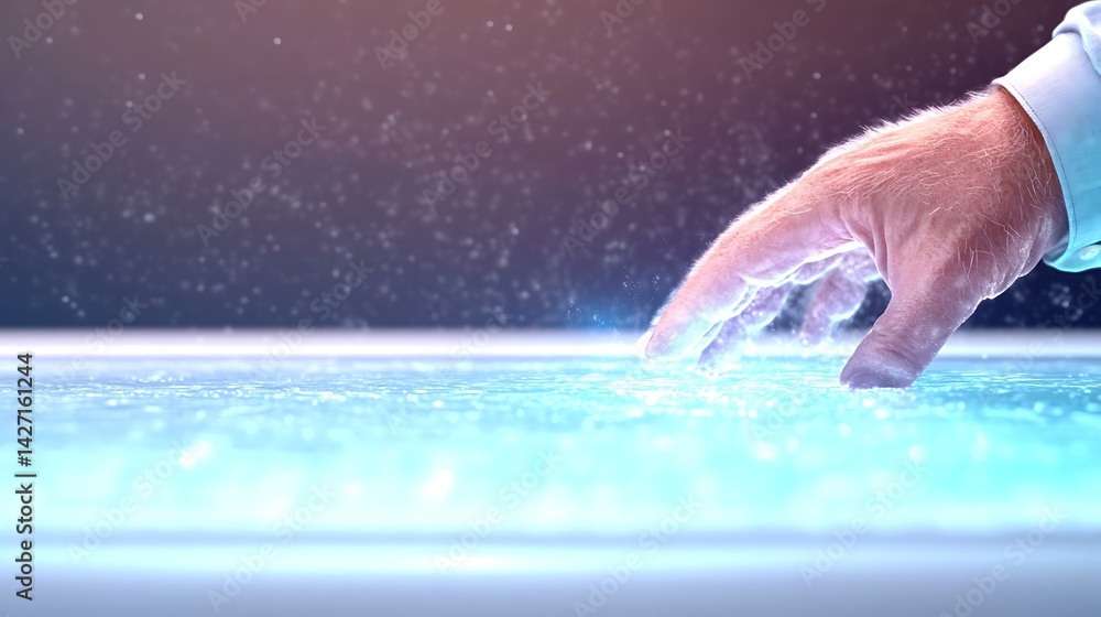 Elderly hand interacts with futuristic glowing digital interface abstract light particles technological innovation concept