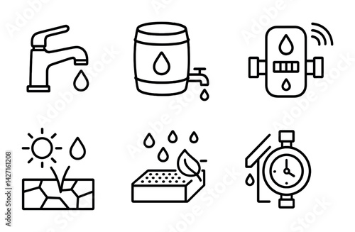 Water conservation icon set – outline style eco-friendly symbols for sustainability and resource management: faucet, water tank, water meter, crop irrigation, rain collection, timer