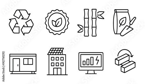 Sustainable living outline icons set – eco-friendly designs for green initiatives and environmental awareness, featuring recycle, renewable energy, bamboo, compost, solar panel, eco-building,