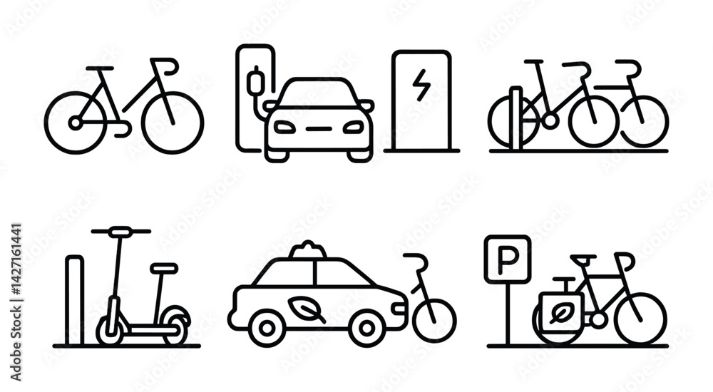 Sustainable transportation outline icons set – eco-friendly mobility and urban commute symbols for green travel, cycling, electric vehicles, and public transport: bicycle, ev charger, scooter, taxi, Sustainable transportation outline icons set – eco-friendly mobility and urban commute symbols for green travel, cycling, electric vehicles, and public transport: bicycle, ev charger, scooter, taxi,