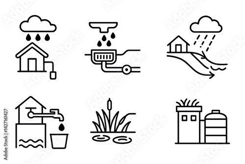 Water management icon set – outline style conservation and sustainability symbols for environmental protection: rainwater harvesting, storm drain, irrigation, water storage, wetlands