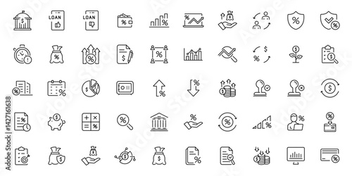 Loans Icons set. Finance icon set. Containing loan, cash, saving, growth, financial goal, profit, budget, mutual fund, earning money and revenue icons. Solid icons collection.