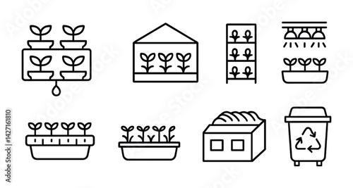 Hydroponics and urban farming icon set – outline style gardening and sustainable agriculture symbols: seedlings, greenhouse, vertical farm, grow lights, planter, recycling bin