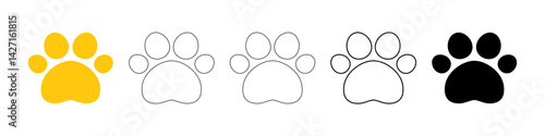 A set of five paw print icons in varying colors and styles on a soft transparent background, showcasing yellow, black, and white variations