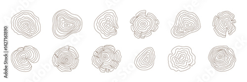 A collection of 12 thin-line tree ring illustrations in a minimalist style, showcasing organic wood grain patterns on a white background. Editable stroke