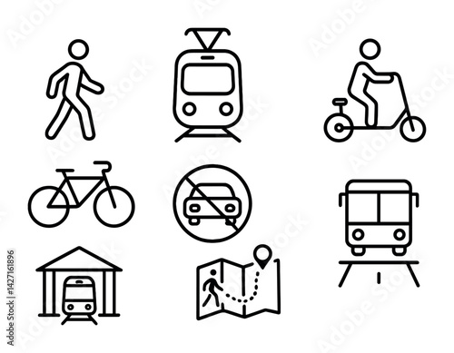 Urban transportation icon set – outline style commuter and city travel symbols for eco-friendly mobility, public transit, and navigation: train, scooter, bicycle, tram, map, walking, bus, station