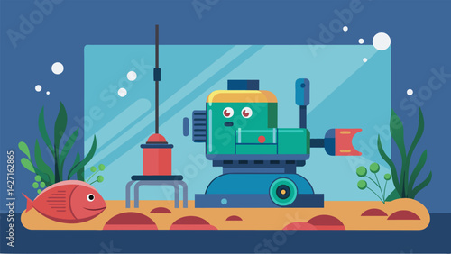 A fish tank with a robotic cleaner that navigates and scrubs the walls and floor removing algae and debris.. Vector illustration