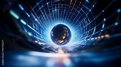 Abstract Digital Tunnel Glowing Grid Energetic Sphere Futuristic SciFi Corridor Neon Lights Virtual Reality