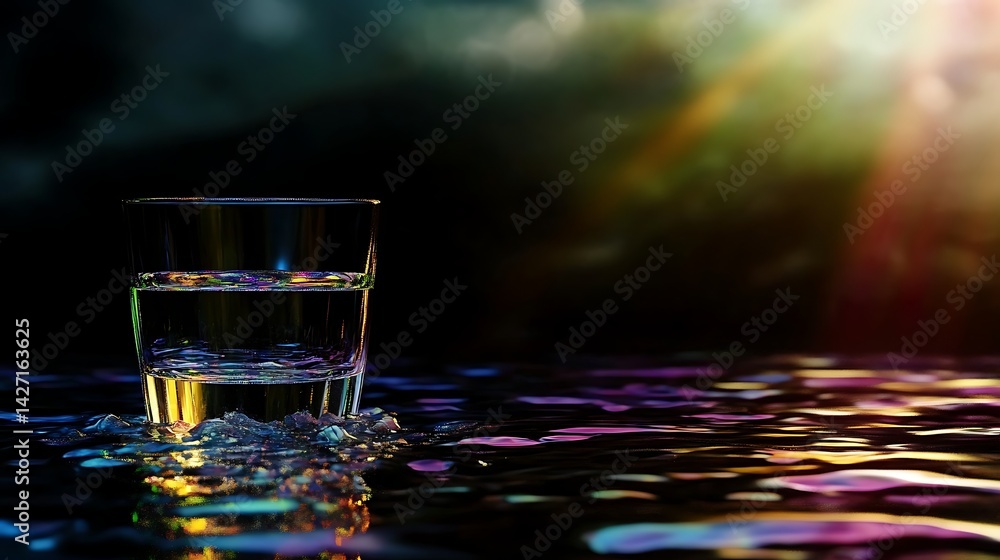 Halffilled glass of water on iridescent surface dark background vibrant reflections low light moody atmosphere mysterious scene liquid clear glass colorful ripples