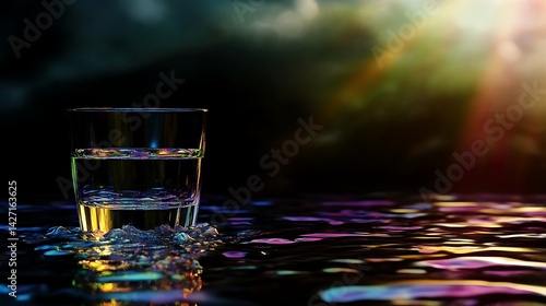 Obraz na płótnie Halffilled glass of water on iridescent surface dark background vibrant reflections low light moody atmosphere mysterious scene liquid clear glass colorful ripples w salonie