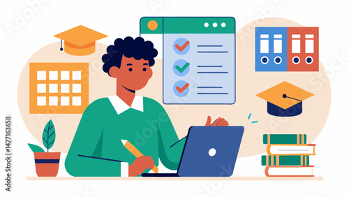 A determined student creating a detailed spreadsheet to keep track of deadlines and application requirements for different scholarships.. Vector illustration
