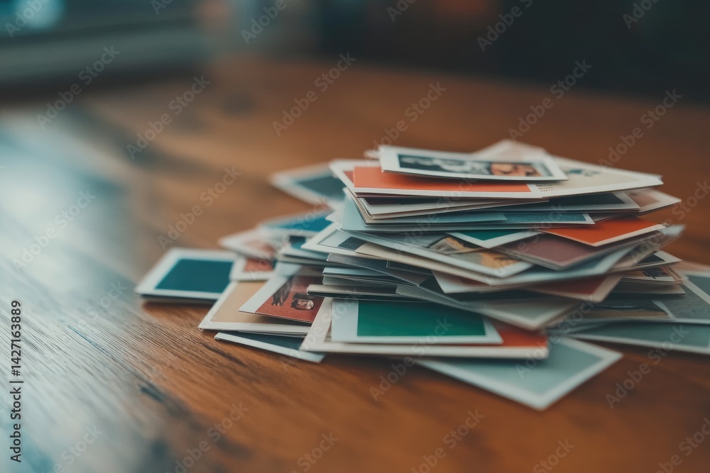 Stack of square photographs on wood representing memories and archiving art Stack of square photographs on wood representing memories and archiving art