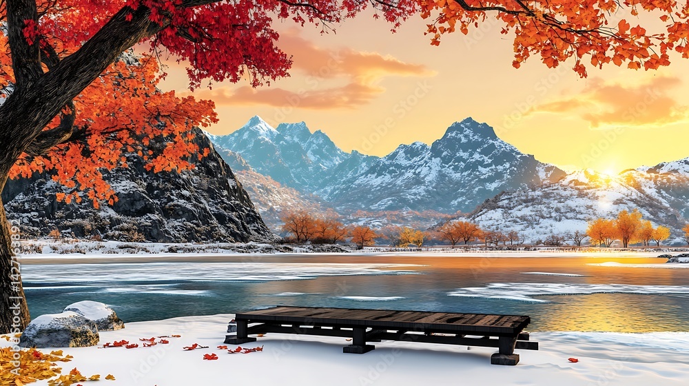 Serene Autumnal Lakeside Vista Snowdusted Mountains Frozen Water Red and Gold Foliage Wooden Dock