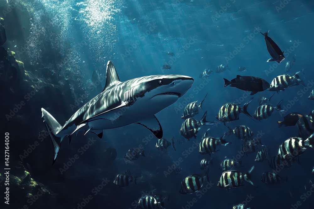 Fototapeta premium Majestic shark swimming gracefully among a school of vibrant fish in a sunlit ocean